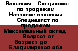 Вакансия : Специалист по продажам › Название вакансии ­ Специалист по продажам › Максимальный оклад ­ 25 999 › Возраст от ­ 18 › Возраст до ­ 80 - Владимирская обл., Владимир г. Работа » Вакансии   . Владимирская обл.